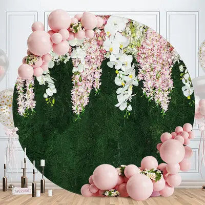 Aperturee Circle Flower Green Forest Happy Birthday Backdrop
