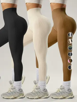 Women's Solid High Waist Sports Leggings, Fitness Pants, High Stretch Seamless Skinny Pants, High Rise Tummy Control Sporty Y...