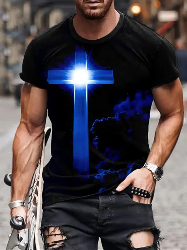 Men's Cross Print Round Neck Tee, Regular Fit Short Sleeve Crew Neck T-Shirt for Summer, Casual Fashion Men's Top for Daily ...