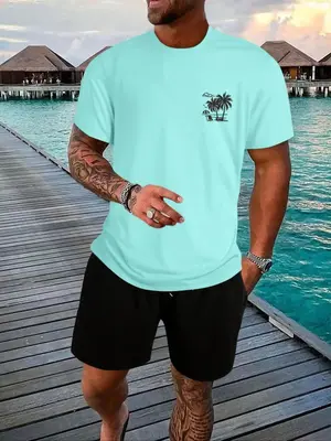 Men's Regular Fit Coconut Tree Print Drop Shoulder Tee, Streetwear, Casual Short Sleeve Round Neck T-shirt for Summer, Grap...