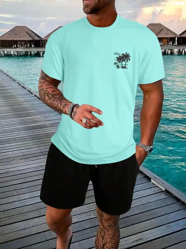 Men's Regular Fit Coconut Tree Print Drop Shoulder Tee, Streetwear, Casual Short Sleeve Round Neck T-shirt for Summer, Grap...
