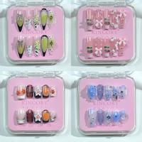 K1 - K14 Handmade Press on Nails Coffin Almond bubble bath luxury Creative design Medium Hand drawn False Nails Short Almond ...