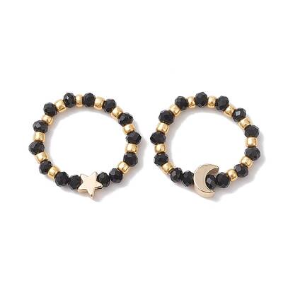 Glass Stretch Rings with Golden Plated Star & Moon Brass Beads