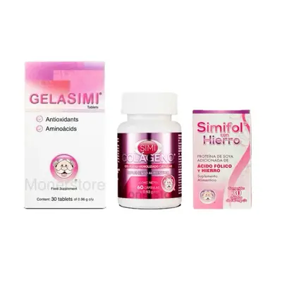 3 pack GELASIMI Antioxidante y Aminoacidos + SIMICOLAGENO Oral +SIMIFOL HIERRO 3 Pack Edible Supplement Fitness Healthcare Di...