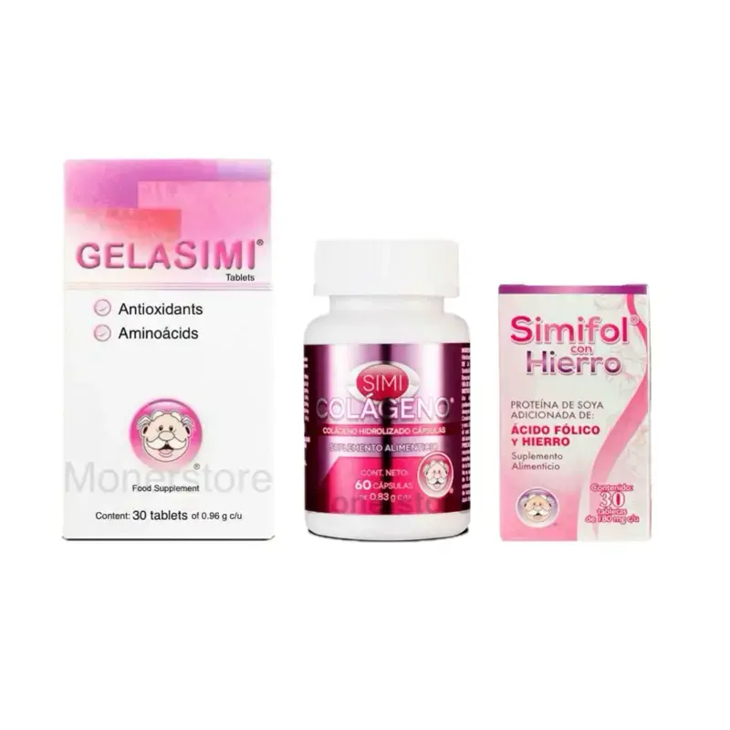 3 pack GELASIMI Antioxidante y Aminoacidos + SIMICOLAGENO Oral +SIMIFOL HIERRO 3 Pack Edible Supplement Fitness Healthcare Di...