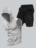 Two-Piece Set Men's Hooded Tank Top & Shorts Set, Regular Fit Casual Pullover Hoodie & Shorts, Men's Two-piece Outfits for Da...