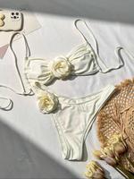 Two/Six-Piece Set Women's Sexy Flower Decor Bikinis for Summer 2024, Solid Tie Back Padded Swim Top & High Cut Swim Bottom Tw...