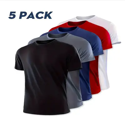 OKP Five Pack Men's Highly Elastic Moisture-Wicking T-shirt Soft, Quick-Drying, Breathable Sports Solid Color Short-Sleeved R...
