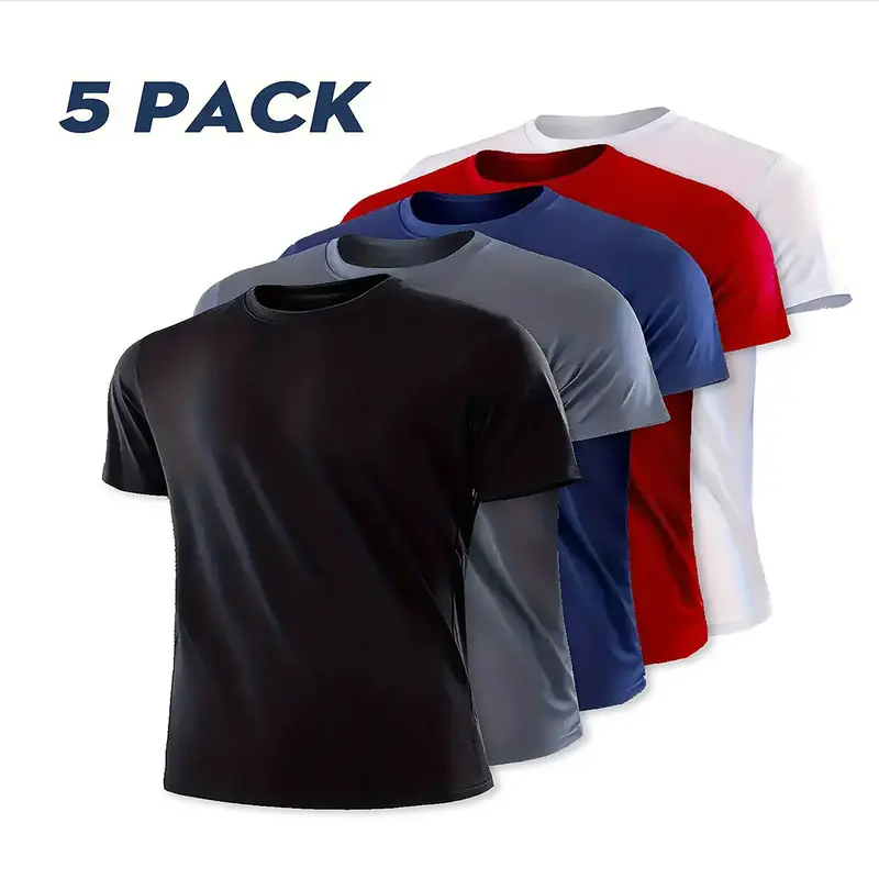 OKP Five Pack Men's Highly Elastic Moisture-Wicking T-shirt Soft, Quick-Drying, Breathable Sports Solid Color Short-Sleeved R...