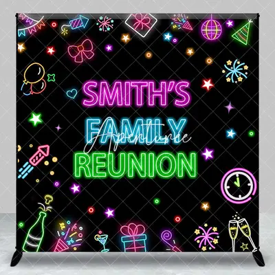Aperturee Colorful Neon Custom Name Family Reunion Backdrop, 3X3FT(1X1M), 15 USD, custom family reunion backdrops, DZZHF206A-...