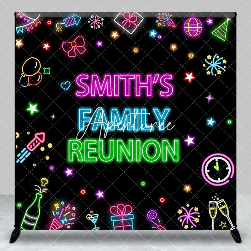 Aperturee Colorful Neon Custom Name Family Reunion Backdrop, 3X3FT(1X1M), 15 USD, custom family reunion backdrops, DZZHF206A-...