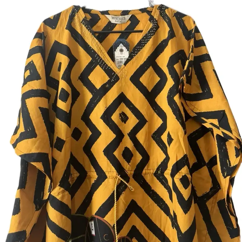 Plus Size Kaftan Dress - Black and Yellow Patterned Design, Long Sleeves, Button Front, Versatile Style for Everyday Wear