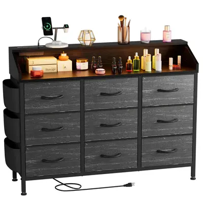 【LaborDaySale】AOWOS Cute 9 Drawer Dresser, Vanity with 9 Large Fabric Drawers, Fabric Dressers for Bedroom with LED Light...