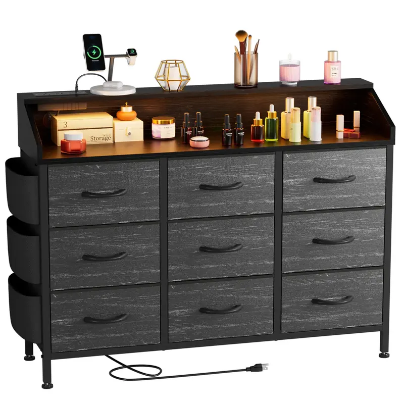 【LaborDaySale】AOWOS Cute 9 Drawer Dresser, Vanity with 9 Large Fabric Drawers, Fabric Dressers for Bedroom with LED Light...