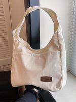 Trendy Solid Color Letter Patched Large Capacity Tote Bag, Minimalist Magnetic Closure Corduroy Shoulder Bag, Women's Dumplin...