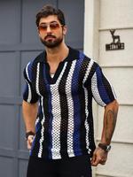 Men's Striped Print Hollow Out Shortsleeve Polo Shirt, Regular Fit Casual Short Sleeve Knit Top for Summer, Fashion Men's Kni...