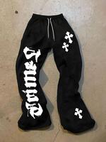 Graphic Stacked Sweatpants Y2K Drawstring Wide Leg Pants Casual Baggy Fatigue Pants with Pockets