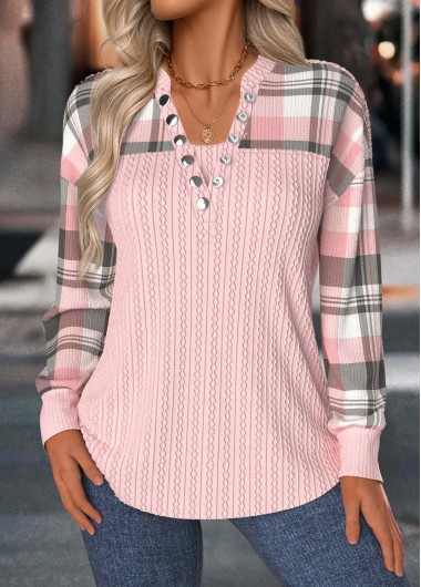 Modlily Light Pink Tummy Coverage Plaid Long Sleeve Sweatshirt - XL