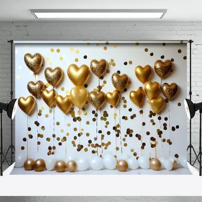 Golden Balloon White Wall Valentines Day Backdrop - Aperturee