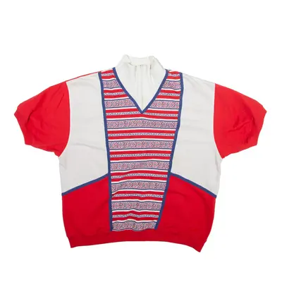 Crazy Print 1/4 Zip Short sleeve Sweatshirt Red High Neck 90s Mens L