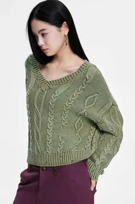 V-Neck Cable Womens Sweaters Spring 2025 Cable Knit Long Sleeve Sweater Chunky Pullover Loose Outfits