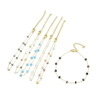 Natural Mixed Gemstone Column Beaded Anklet with PVD Vacuum Plating Golden 304 Stainless Steel Chains for Women