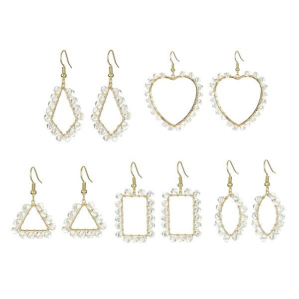 5 Pair 5 Style Brass Geometry Dangle Earrings with Glass Beaded