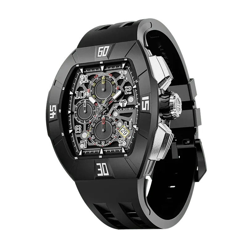 TSAR BOMBA Men's Quartz Watch | Dynamic Black | Atomic TB8214 | Fluororubber Bezel | Luxury Sport Watch | 50M Waterproof Sapp...