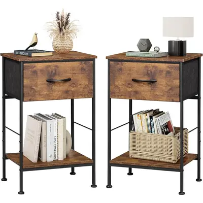 WLIVE Boho Nightstand Duo | Set of 2 End Tables, with Fabric Drawers + Open Wood Shelf, 25\