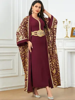 Women's Ethnic Pattern Contrast Sequin Outwear & V Neck Tape Long Dress Set, Summer Clothes, Eid Outfits, Co Ord Set Summer, ...