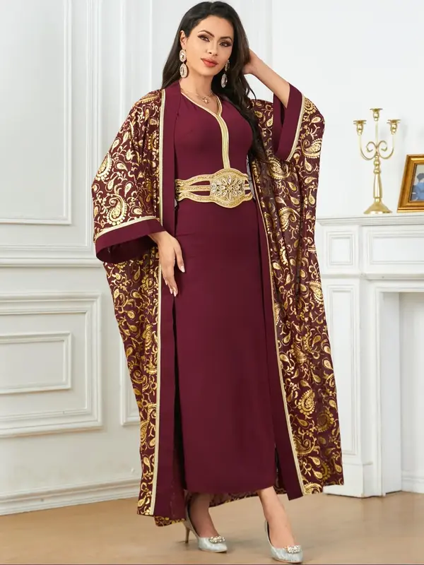 Women's Ethnic Pattern Contrast Sequin Outwear & V Neck Tape Long Dress Set, Summer Clothes, Eid Outfits, Co Ord Set Summer, ...