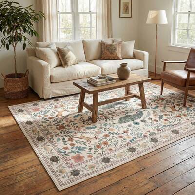 Garvee 8x10 Washable Area Rug, Non-Slip Floral Animal Print Rug with Peacock & Deer, Soft Low Pile Stain-Resistant Carpet for...