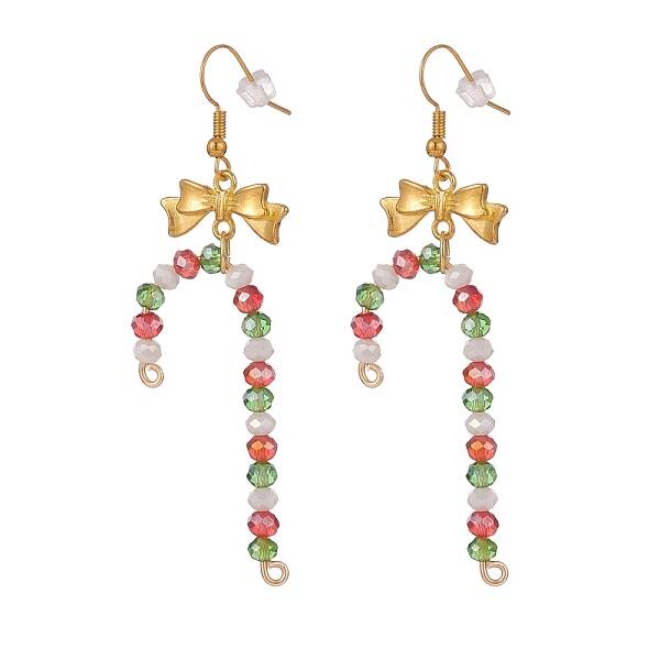 Glass Christmas Candy Cane with Alloy Bowknot Dangle Earrings