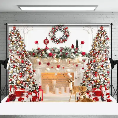 Festive White Fireplace Wreath Christmas Backdrop - Aperturee