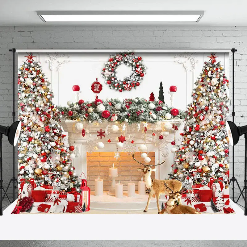 Festive White Fireplace Wreath Christmas Backdrop - Aperturee