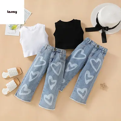 Kids Girls Clothes Suits Solid Color Ribbed Sleeveless Tank Tops and Heart Print Jeans Denim Pants 2Pcs Suit