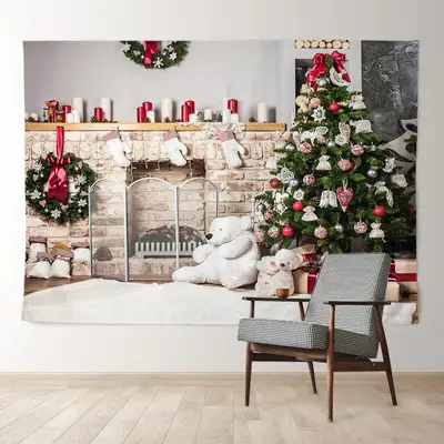 Aperturee White Bear Fireplace Tree Gift Christmas Backdrop
