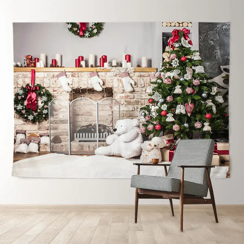 Aperturee White Bear Fireplace Tree Gift Christmas Backdrop