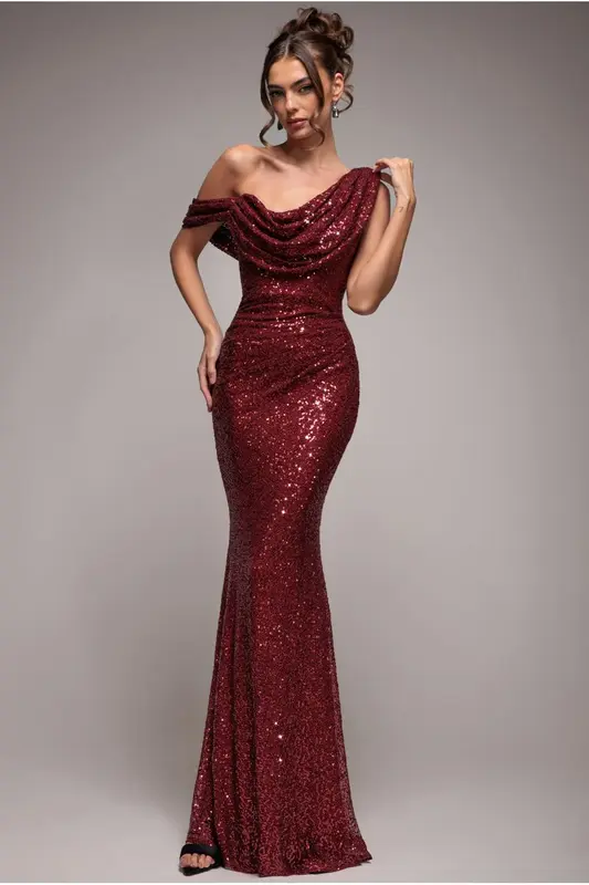Goddiva Sequin Cowl One Shoulder Maxi Dress - Wine