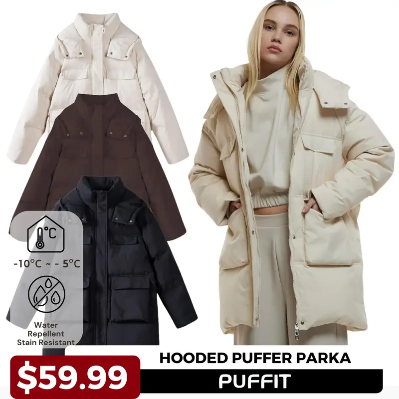PUFFIT Mid Length Hooded Puffer Parka Womenswear Coats, Soft Button Front Full Zip with Pockets Women Jacket for Winter, Plai...