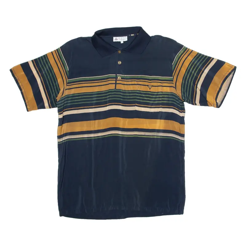 HUA BEI Mens Polo Shirt Blue Faux Silk Striped XL