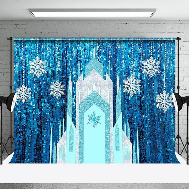 Blue Glitter Ice Castle Snowflake Winter Backdrop - Aperturee