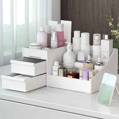 Cosmetic Storage Box, 1 Count Multi-grid Makeup Organizer with Drawer, Desktop Cosmetic Storage Box, Desk Accessories, Summer...