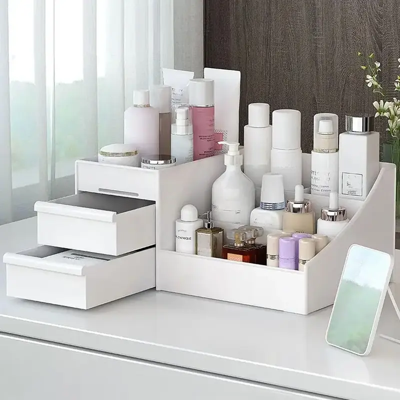 Cosmetic Storage Box, 1 Count Multi-grid Makeup Organizer with Drawer, Desktop Cosmetic Storage Box, Desk Accessories, Summer...