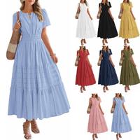Womens Summer 2025 Casual Midi Maxi Dresses Lightweight Short Sleeve V Neck Elastic Waist Boho Beach Dress long dress
