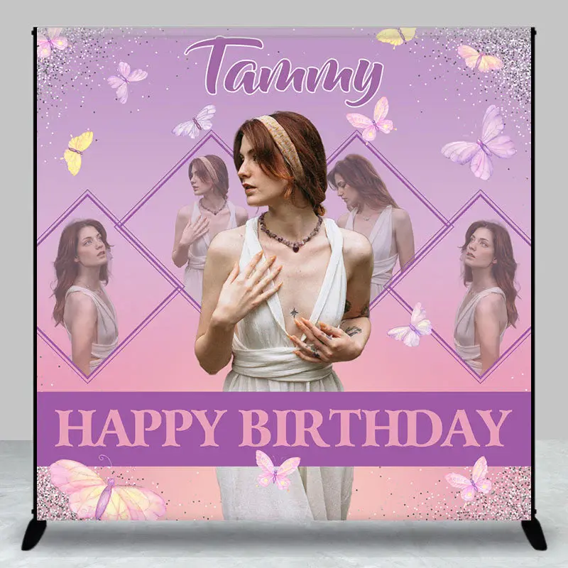 Purple Glitter Butterflies Custom Birthday Backdrop - Aperturee