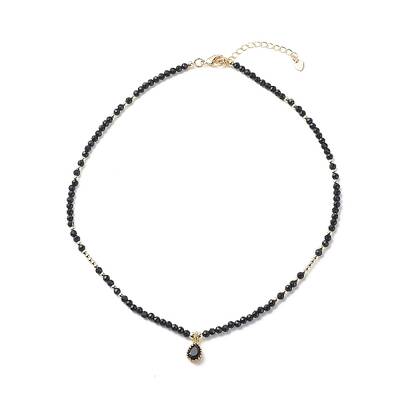 Cubic Zirconia Teardrop Pendant Necklace with Natural Dyed & Heated Black Agate Beaded Chains