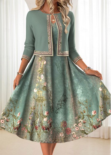 Modlily Sage Green Two Piece Floral Print Dress and Cardigan - M