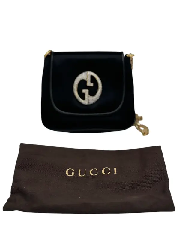 Pre-owned GUCCI Satin Crossbody Bags Black Crystal 1973 Small Chain Crossbody Bag