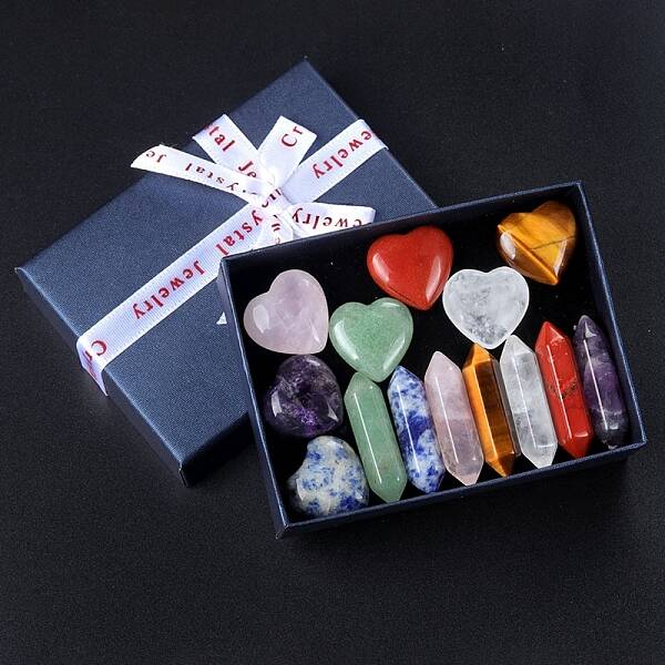 14Pcs Chakra Heart & Hexagonal Prism Mixed Natural Gemstone Healing Stones Set